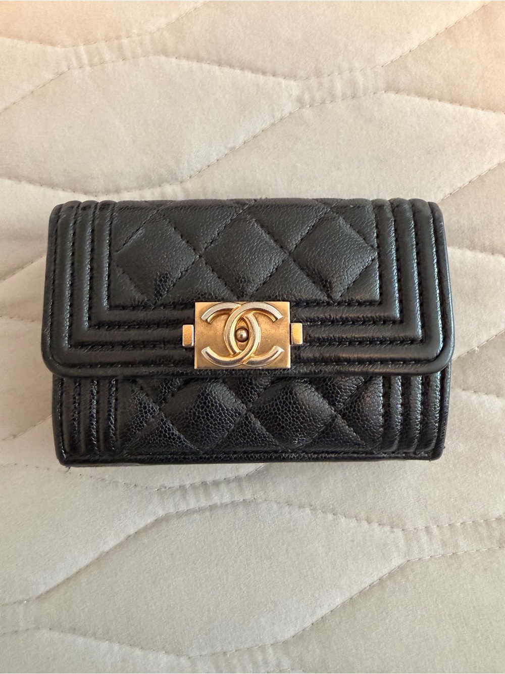 CHANEL Black Quilted Leather Compact Wallet Trifold